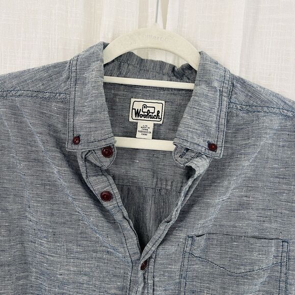Woolrich Grayish Blue Hemp & Organic Cotton Button Down Sustainable Shirt Mens L - Picture 2 of 8